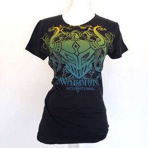 NEW!! Warrior Intl'l Womens SIZE M Y2K MMA AOP Tee Grunge Gothic Black T-Shirt